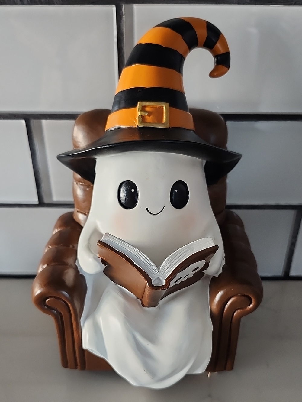 Halloween Ghost Reading In Recliner Chair Figurine with Striped Witch Hat
